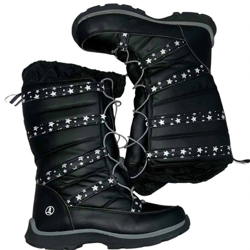 Lands' End Black Reflective Star Winter Boots Like New! 6Y